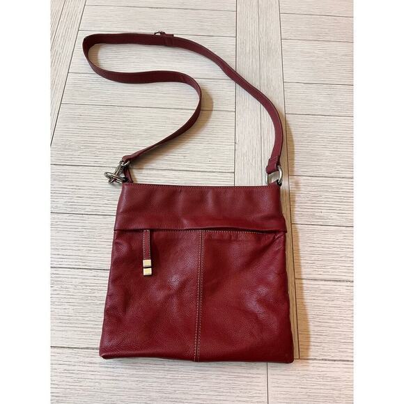 Tignanello red leather crossbody adjustable bag.3 compartments w/ zipper.11”x11” - Picture 1 of 9